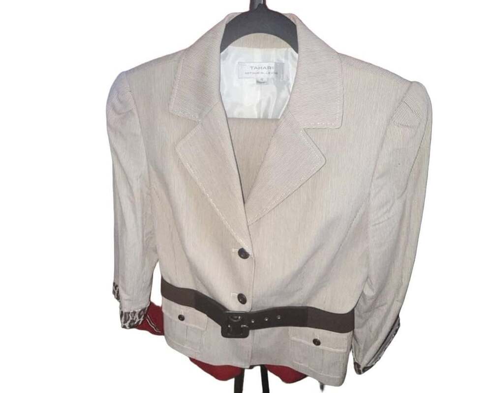 Tahari Arthur S. Levine Striped Blazer & skirt With Brown Belt And Leopard Cuffs